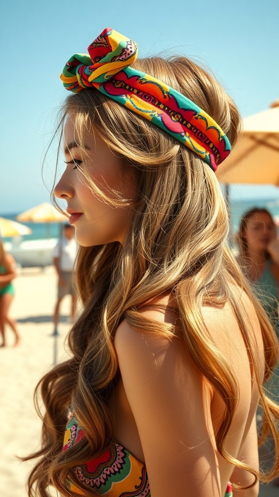 A woman with cascading waves and a colorful headband at the beach.