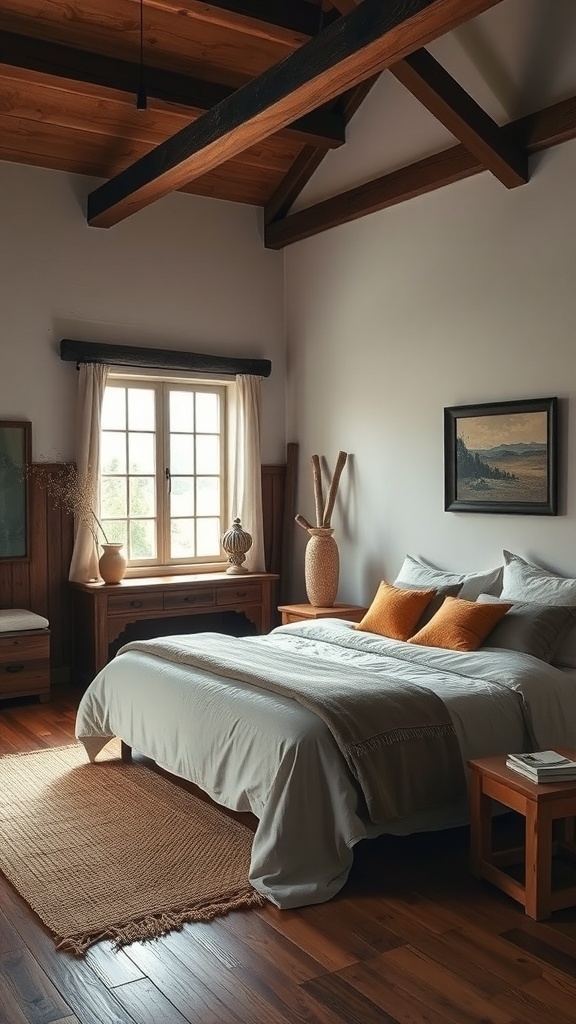 A simple bedroom with a wooden bed frame, neutral tones, and a cozy atmosphere.