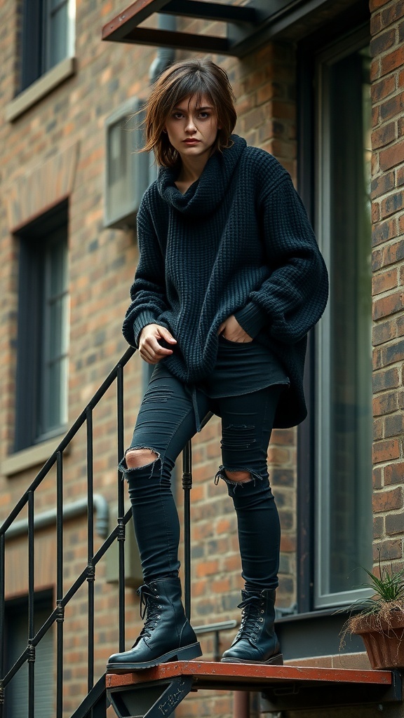 A woman in a casual goth outfit featuring an oversized black sweater, ripped jeans, and black boots, standing on a staircase.