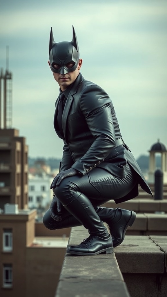 A figure in a sleek black outfit with a mask, posing on a rooftop, embodying Cat Burglar Chic.