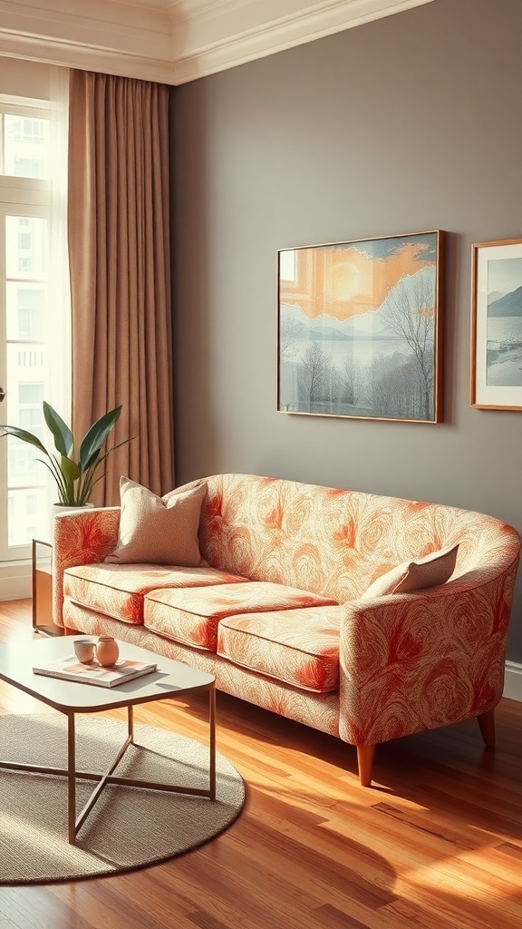 A vintage 1960's couch with a vibrant pattern in a cozy living room setting.