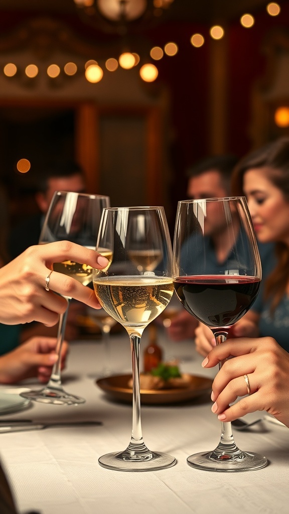 Friends celebrating with vintage wineglass sets, clinking glasses filled with red and white wine.