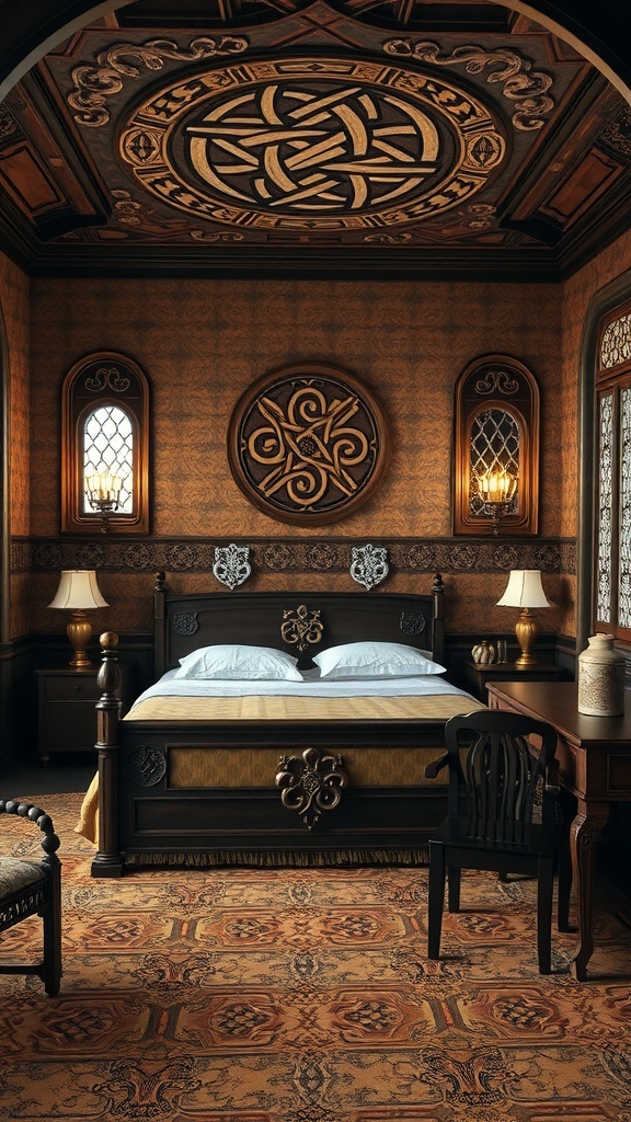 A bedroom featuring Celtic knot patterns on the ceiling and intricate wooden details.