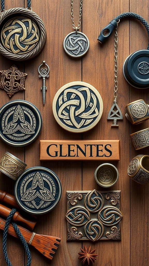 A collection of accessories featuring Celtic knots and patterns on a wooden background.