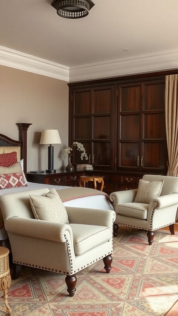 Two elegant accent chairs in a cozy bedroom setting