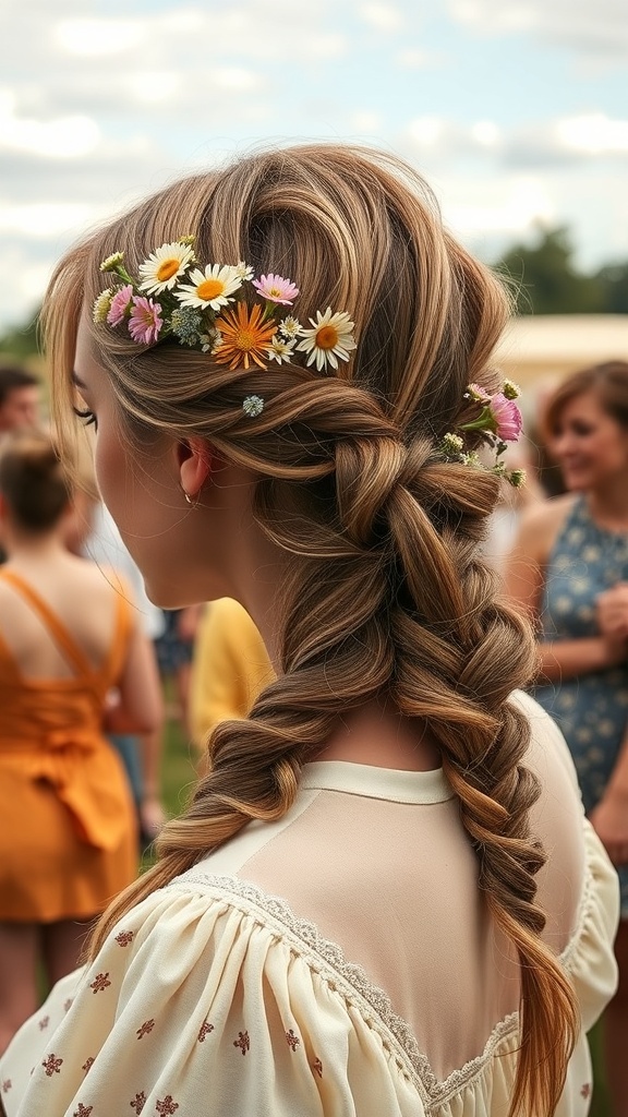 A woman with a charming side braid adorned with wildflowers, showcasing a 1960s updo style.