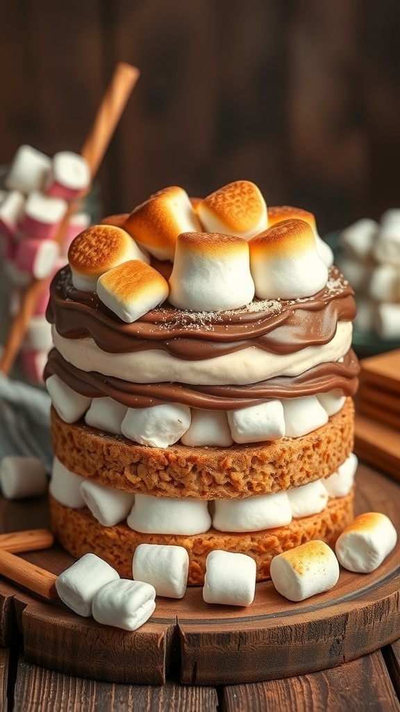 A charming S'mores ice cream cake with layers of graham cracker, chocolate, and toasted marshmallows.