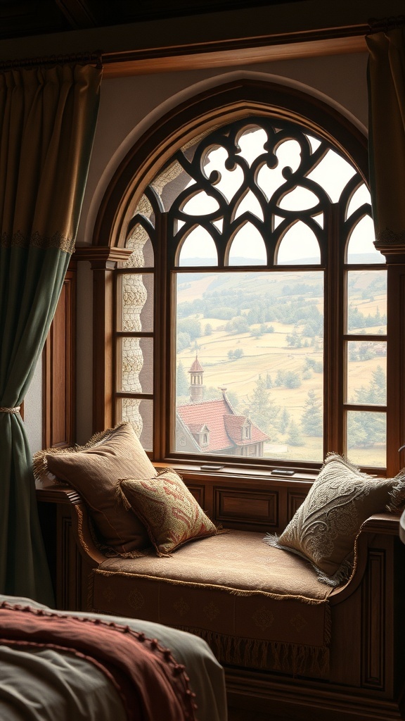 A cozy window seat with plush cushions, framed by an ornate arch, overlooking a scenic view.