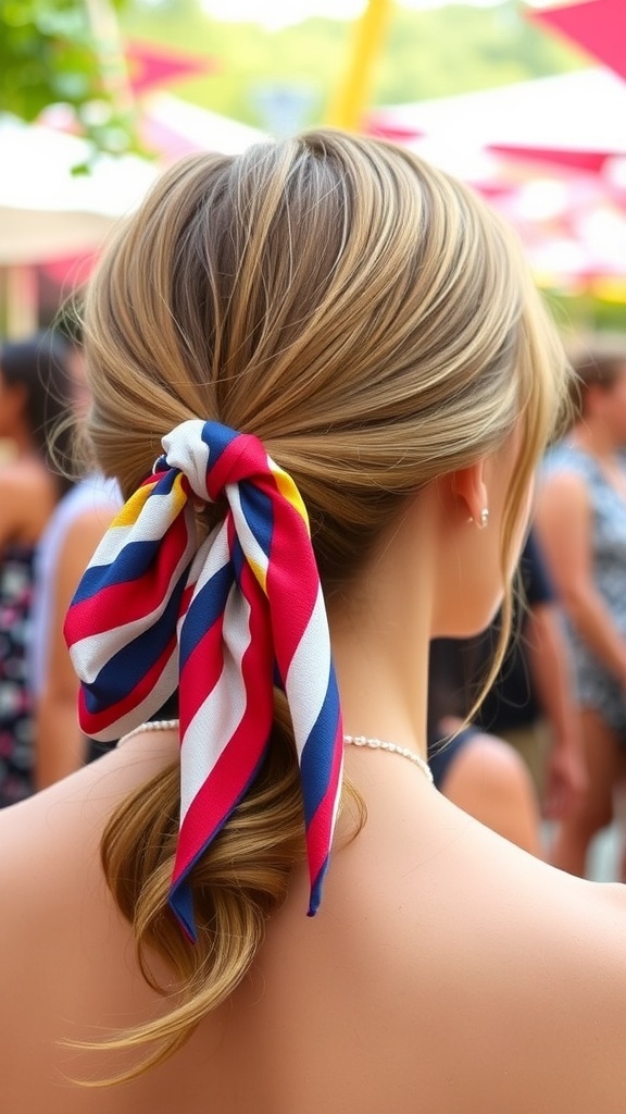 A woman with a chic low ponytail adorned with a colorful scarf, set against a festive background.