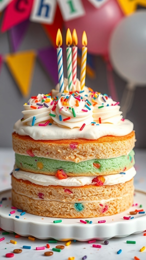 A colorful vintage ice cream cake with sprinkles and candles on top, perfect for a birthday celebration.