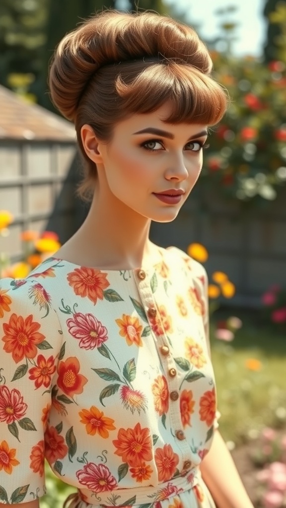 A woman with a classic bouffant hairstyle, wearing a floral dress in a garden setting.