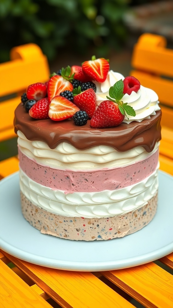 A classic Neapolitan ice cream cake with chocolate, vanilla, and strawberry layers topped with fresh berries.