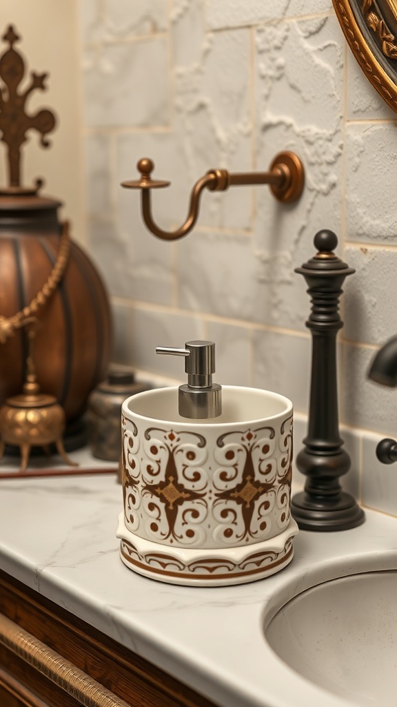 A classic toiletry holder with intricate patterns in white and brown, placed on a marble countertop in a stylish bathroom.