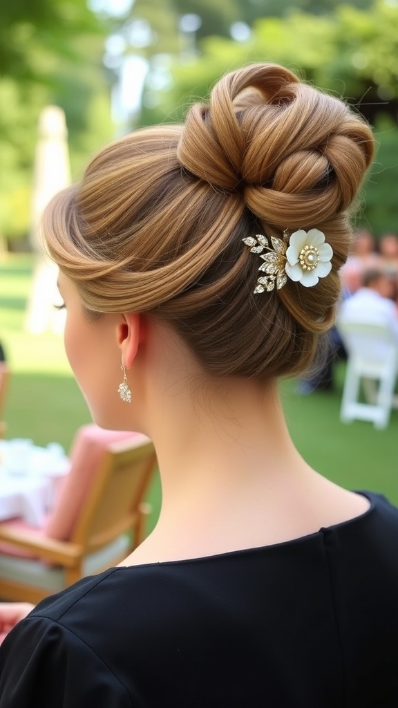 A classic 1960s updo hairstyle adorned with a vintage brooch, showcasing intricate twists and rolls.