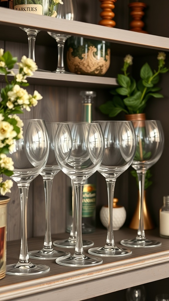 A collection of vintage wine glasses displayed on a shelf with decorative items.