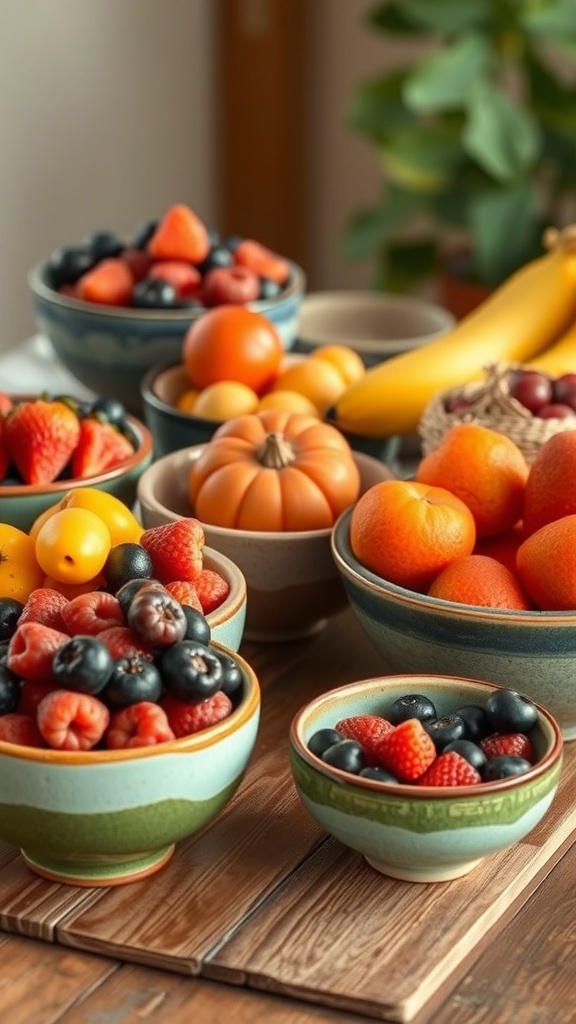 Colorful glazed pottery bowls filled with various fruits on a wooden table.