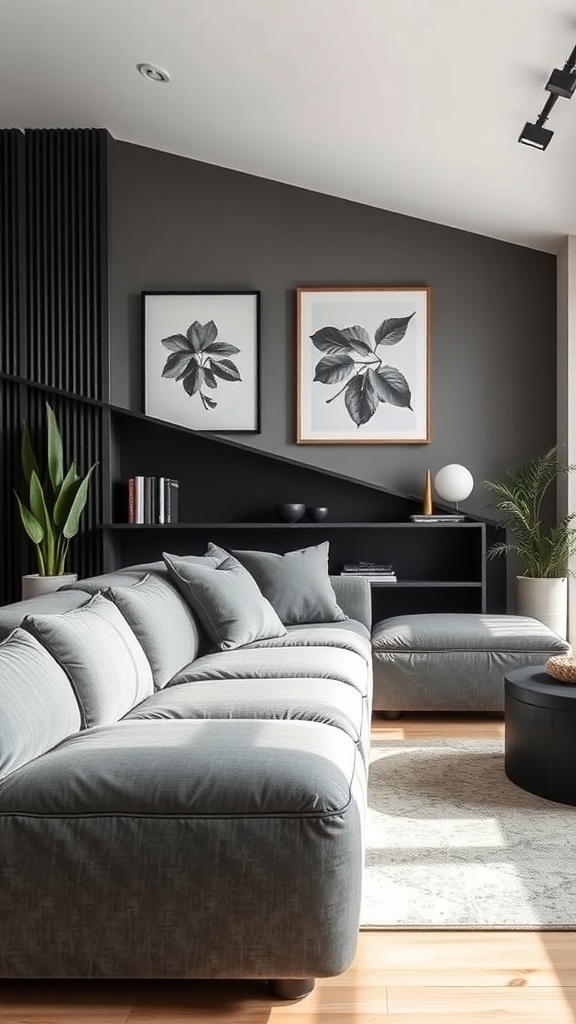 A cozy brown couch with throw pillows, accompanied by a minimalist coffee table and a lamp, set against a plain wall with red letters.