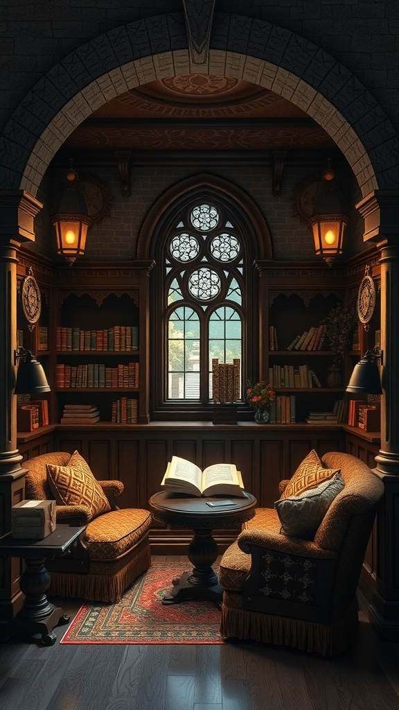 A cozy reading nook with plush armchairs, a wooden table, and bookshelves, illuminated by warm lamps.