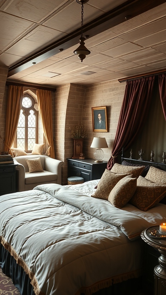 A cozy bedroom with soft bedding, warm curtains, and inviting textures.
