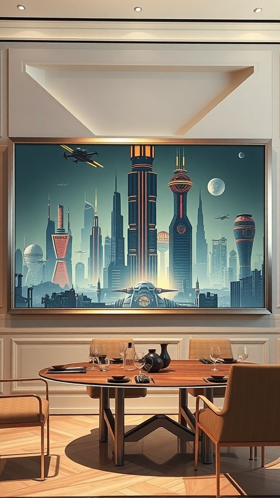A futuristic cityscape of Coruscant from Star Wars, featuring tall skyscrapers and flying vehicles against a sunset backdrop.