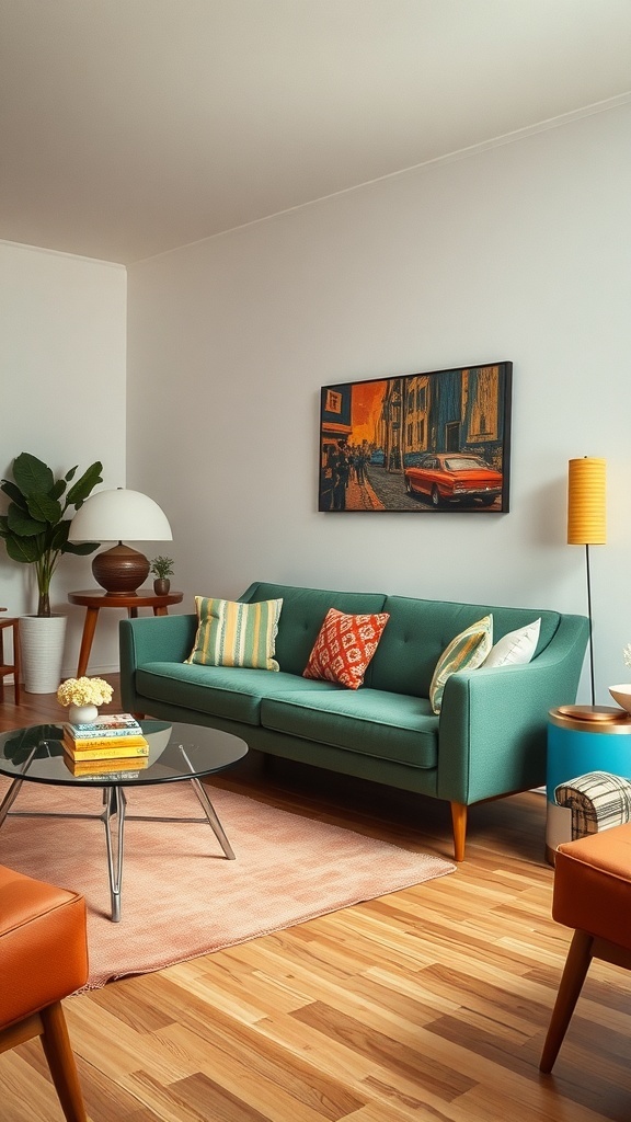 A stylish living room featuring a teal 1960's couch with colorful cushions, a glass coffee table, and warm wooden flooring.