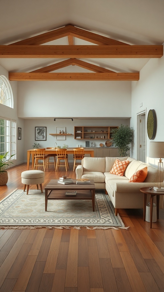 A spacious living area with a light-colored 1960's couch, wooden beams, and a cozy atmosphere.