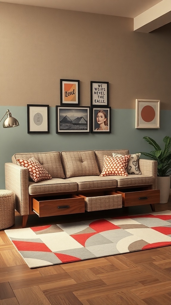 A stylish 1960's inspired couch with built-in storage drawers, decorated with colorful cushions, set against a modern wall with framed art.