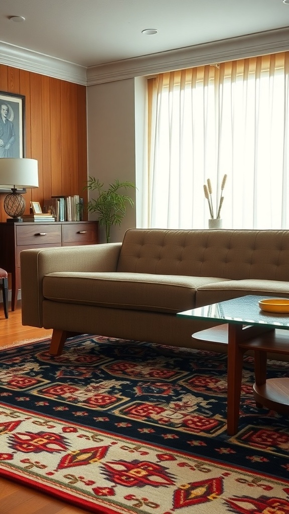 A stylish 1960's inspired couch with tapered wooden legs, set in a cozy living room.