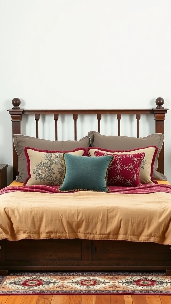 Cozy bedding with a wooden bed frame, featuring pillows in rich colors and textures.
