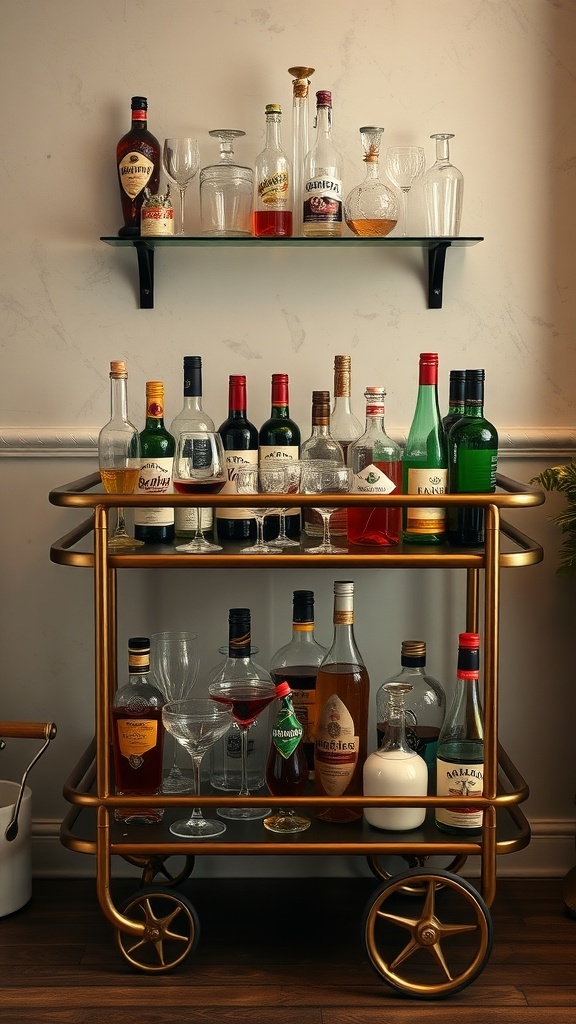 A vintage bar cart with various bottles and glassware, showcasing a stylish home bar setup.