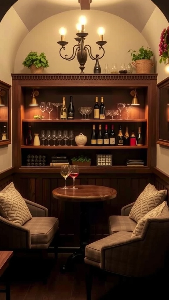 A cozy wine nook featuring a selection of wines, vintage wineglass sets, and comfortable seating.
