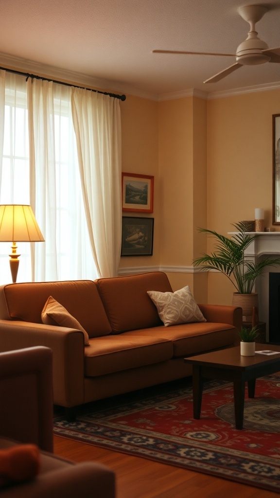 A cozy living room featuring a 1960's style couch, warm lighting, and a small coffee table.