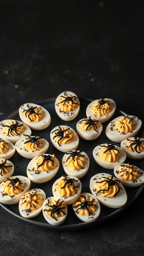 A plate of creepy deviled eggs decorated with black salt and edible spiders, perfect for Halloween appetizers.