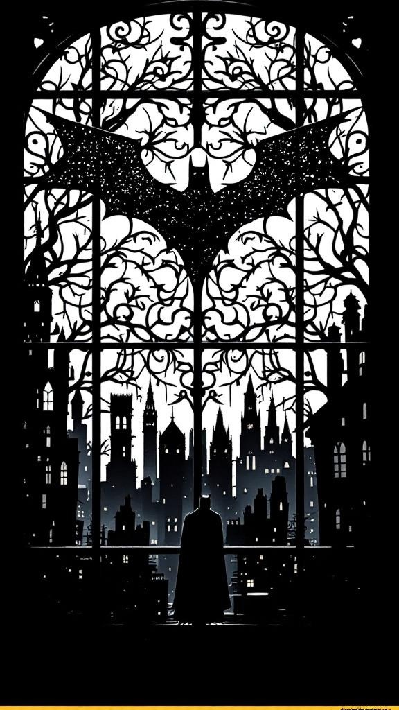 A gothic window metalwork featuring silhouettes of iconic figures against a moonlit Gotham skyline.