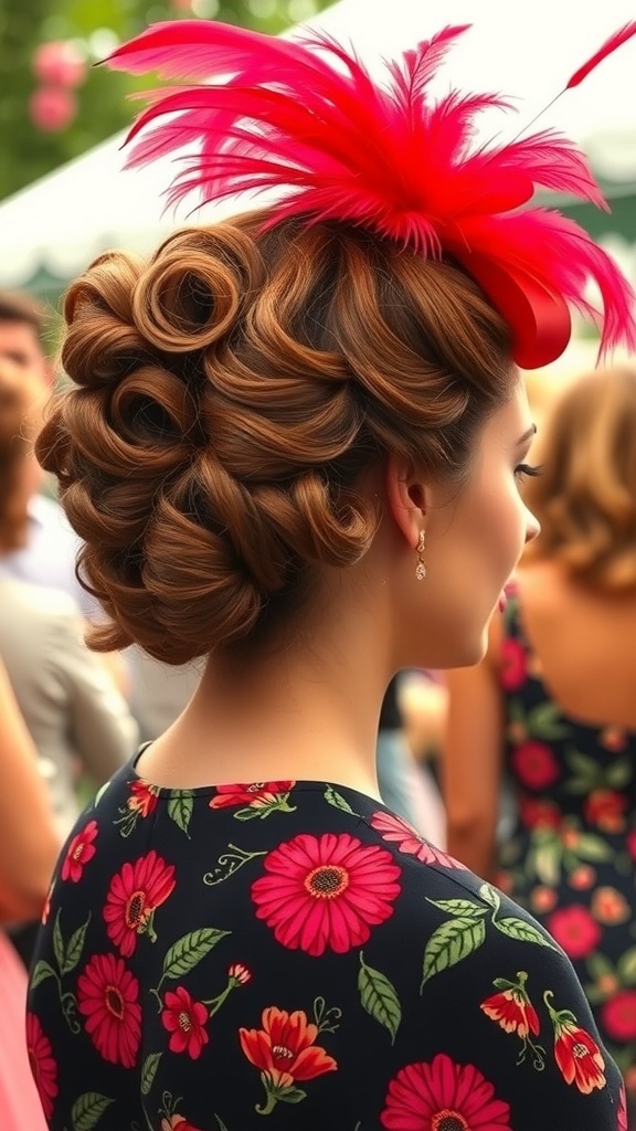 A woman with a curly updo and a red feathered headpiece, wearing a floral dress.