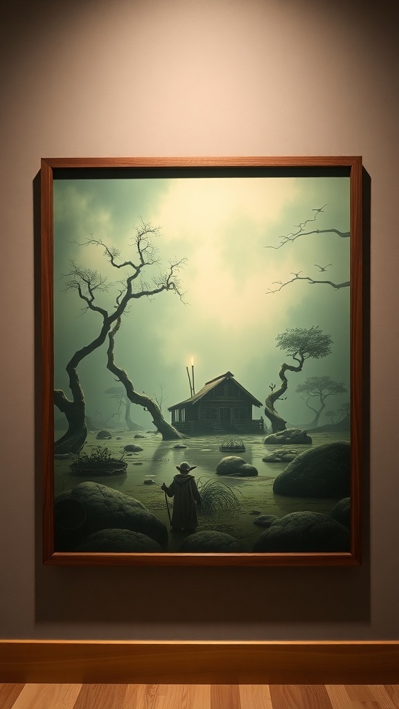 A serene swamp scene from Dagobah with a hut, palm trees, and lily pads.