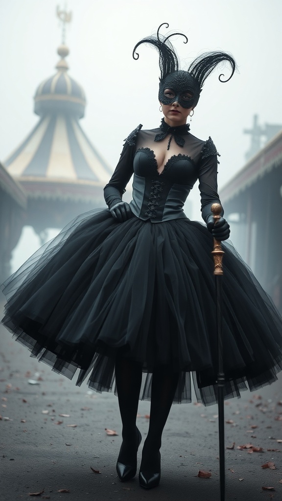 A woman in a dramatic black gown with a tulle skirt and mask, standing in a foggy carnival setting.