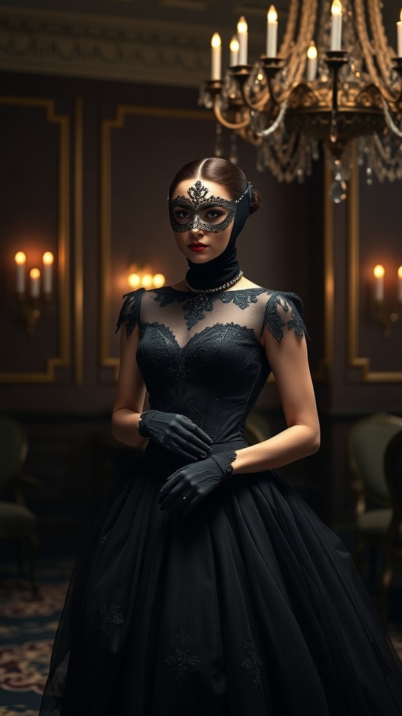 A woman in a black gown and mask stands elegantly under a chandelier, embodying dark masquerade fashion.