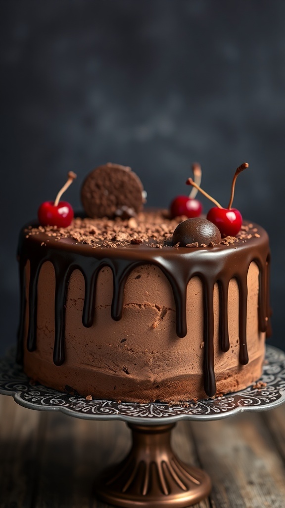 A vintage chocolate fudge ice cream cake topped with cherries and chocolate cookies.