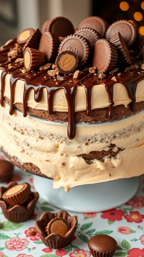 A vintage peanut butter cup ice cream cake topped with chocolate drizzle and mini peanut butter cups.