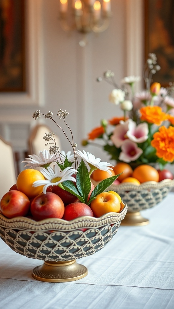 Two decorative bowls filled with fruits and flowers on a dining table