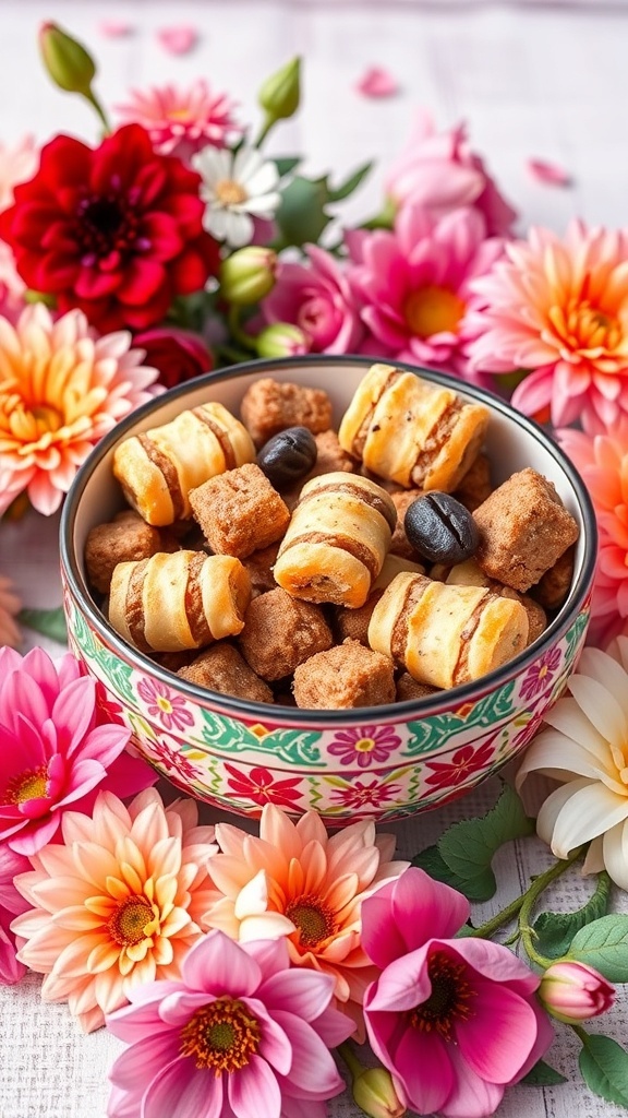 A colorful bowl filled with assorted snacks, surrounded by vibrant flowers.