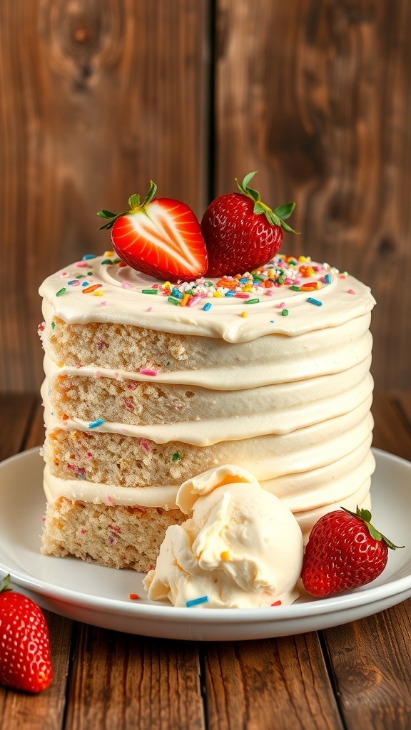 A vintage ice cream cake with layers of vanilla cake, topped with whipped cream, sprinkles, and fresh strawberries.