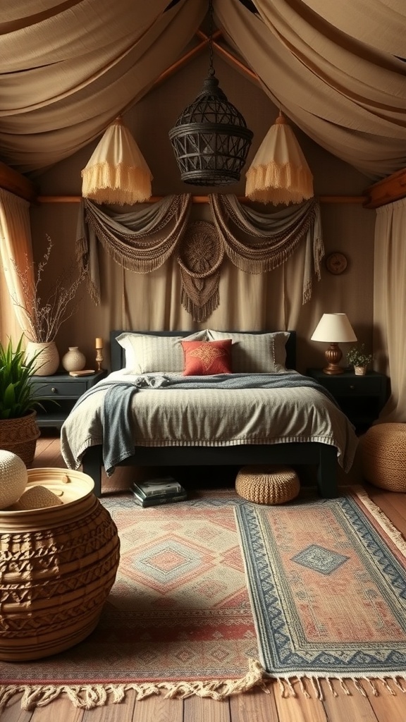 A cozy bedroom styled with Dothraki desert vibes, featuring earthy tones, layered fabrics, and natural elements.