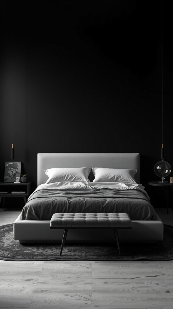 A modern bedroom with black walls and a light-colored bed, showcasing dramatic contrast.