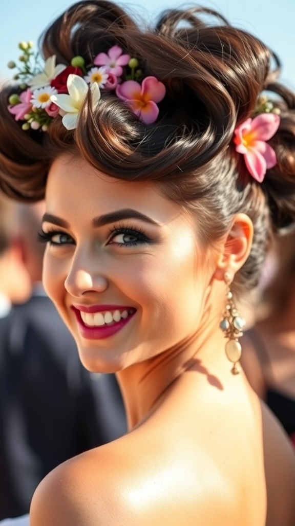 A woman with a voluminous 1960s updo adorned with a colorful flower crown, smiling brightly in a sunny outdoor setting.