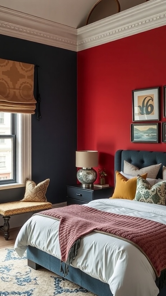 A cozy bedroom with dark walls, a wooden bed frame, and warm lighting.