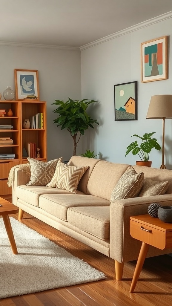 A cozy living room featuring a 1960's inspired couch with light beige fabric and decorative pillows.