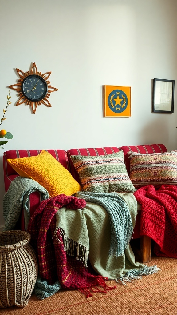 A colorful couch with pillows and throws, showcasing a cozy and inviting living space.