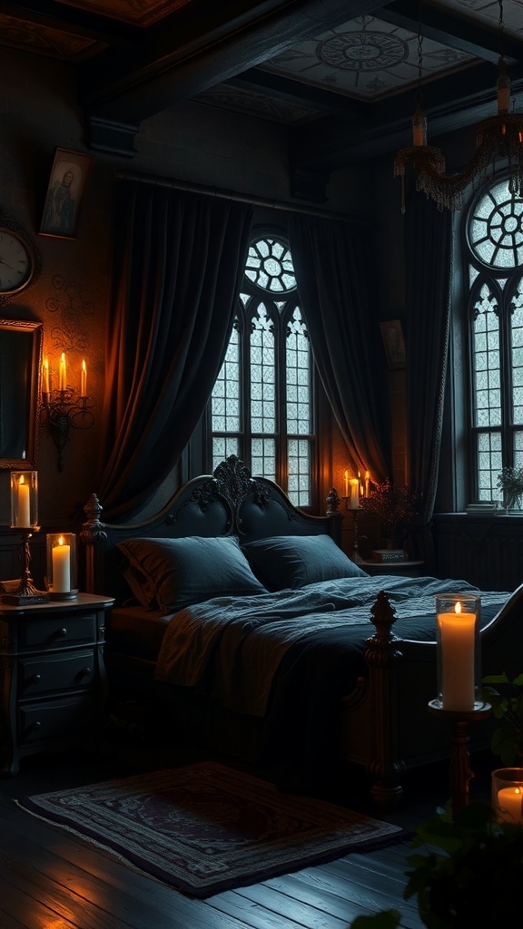 A dark, cozy bedroom inspired by the Night's Watch from Game of Thrones, featuring candlelight, heavy curtains, and a carved bed frame.